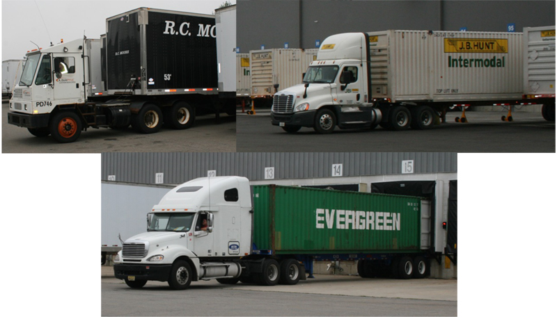 FIGURE 5. Tractors: Terminal Tractor, Day Cab, and Sleeper
These images show types of tractors used to pull semi-trailers. Shown are a terminal tractor used to move trailers around a warehouse facility, a day cab used for movements of trailers during a single day, and a sleeper cab that includes a compartment in which a driver sleeps.
